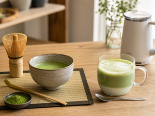 Matcha arbata puodelis su latte ir dubenėlis su japoniška ceremonine matcha