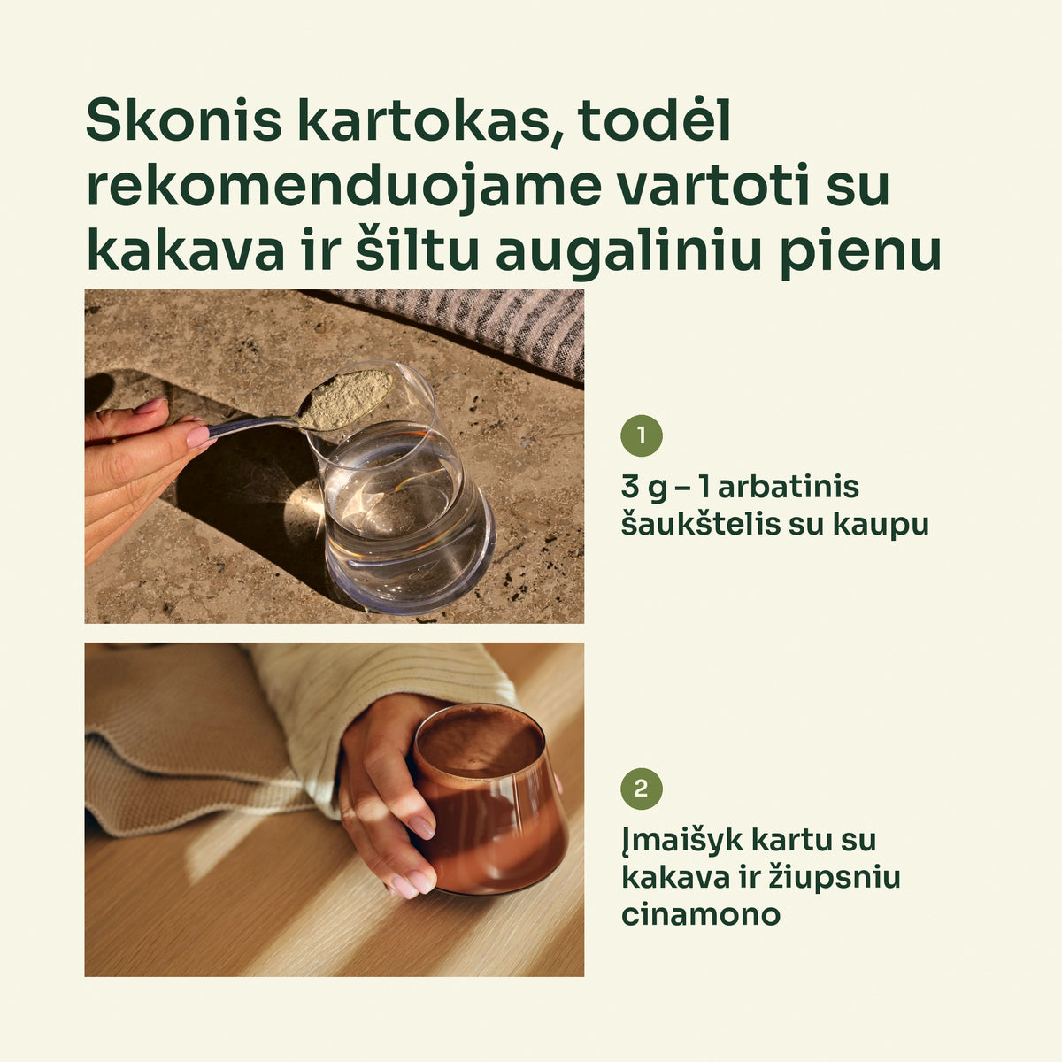 Ašvagandos milteliai šaukštelyje ir šiltas kakavos gėrimas – 3 g porcija