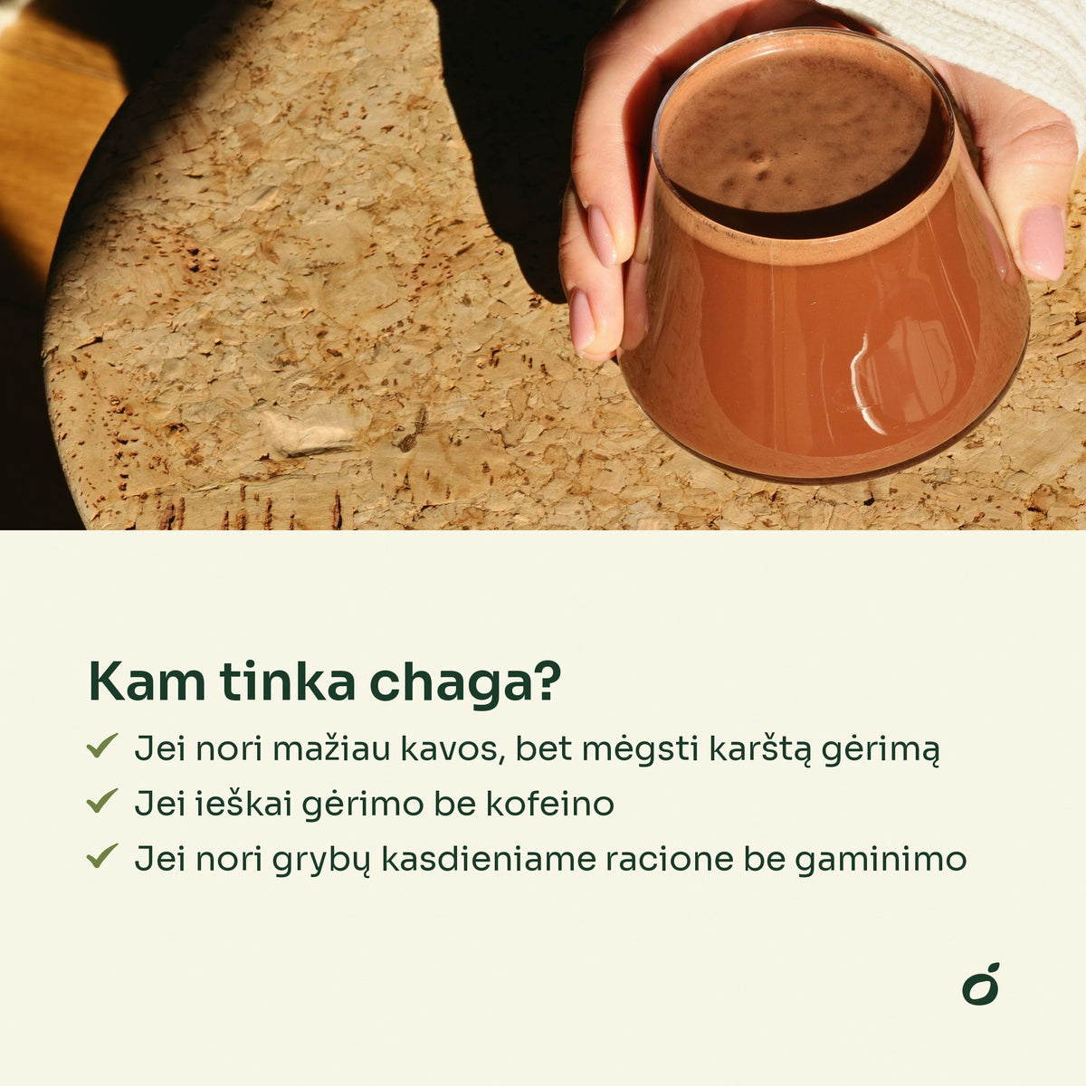 Stiklinė chagos gėrimo rankose – kam tinka chaga