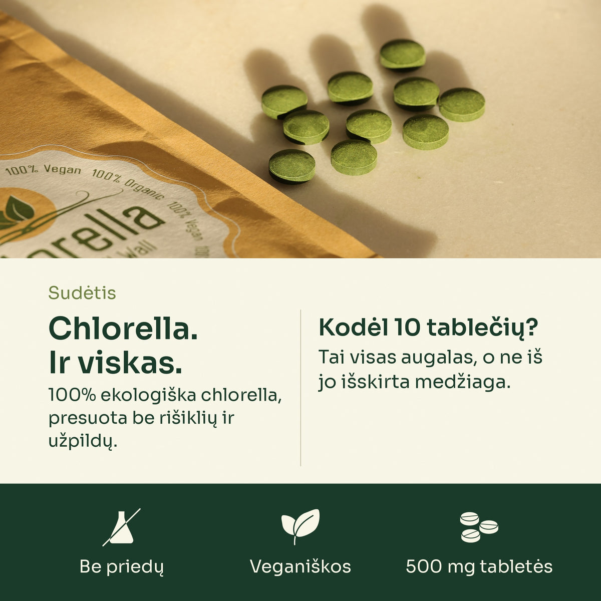 Chlorellos tablečių sudėtis: 100% ekologiška chlorella, be rišiklių ir užpildų