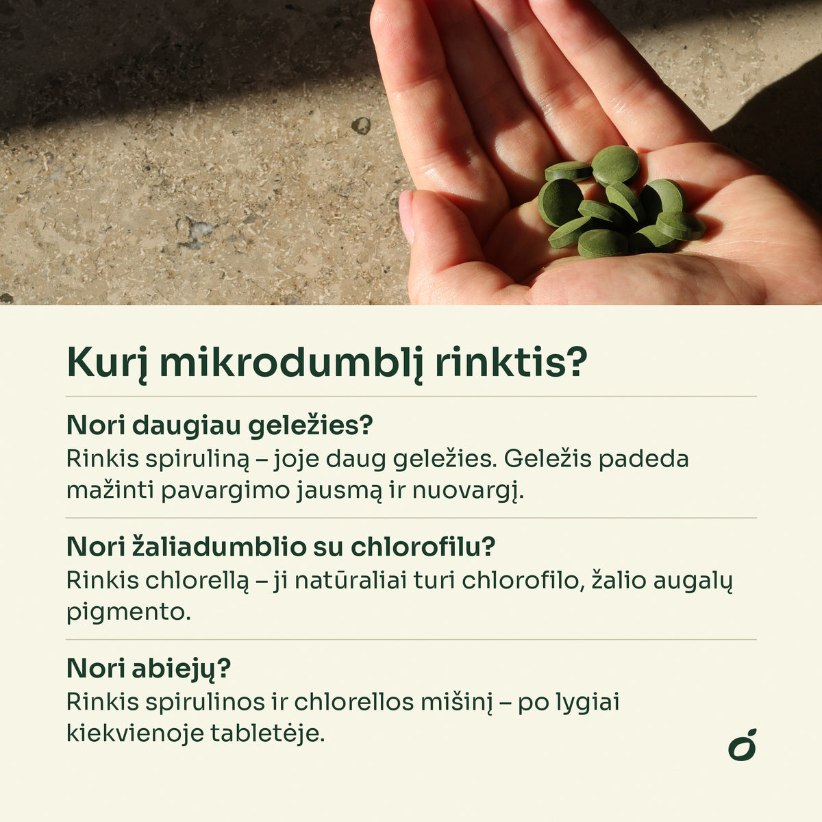 Chlorellos tabletės delne – kurį mikrodumblį rinktis: spirulina, chlorella ar mišinys