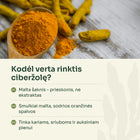 Ciberžolės šaknys ir milteliai mediniame šaukšte – kodėl verta rinktis ciberžolę