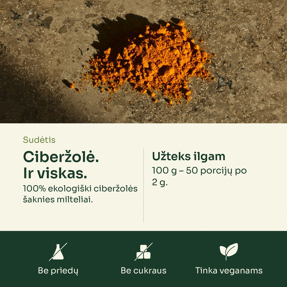 Ciberžolės milteliai ant akmens – sudėtis: 100% ekologiški ciberžolės šaknies milteliai