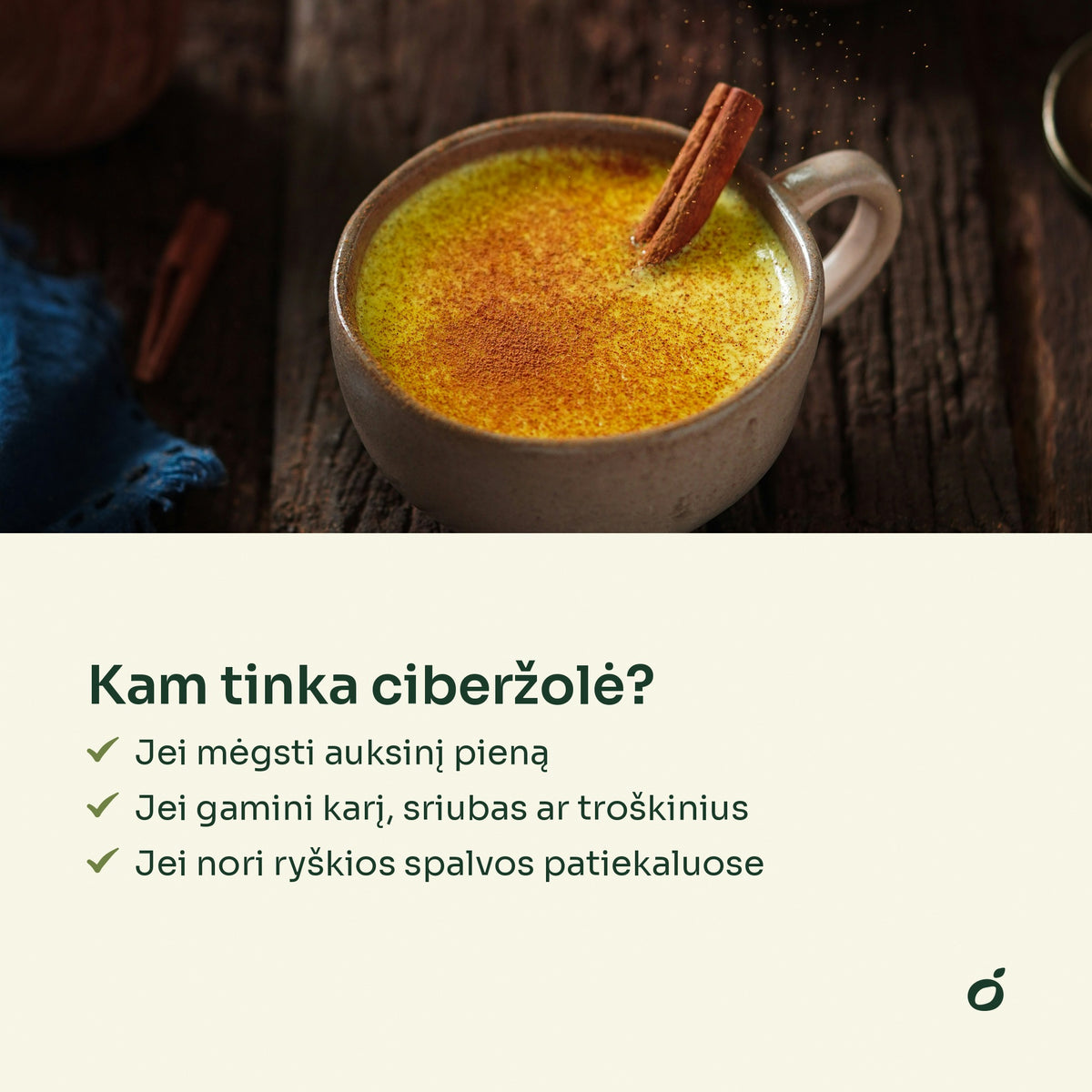 Puodelis auksinio pieno su cinamono lazdele – kam tinka ciberžolė