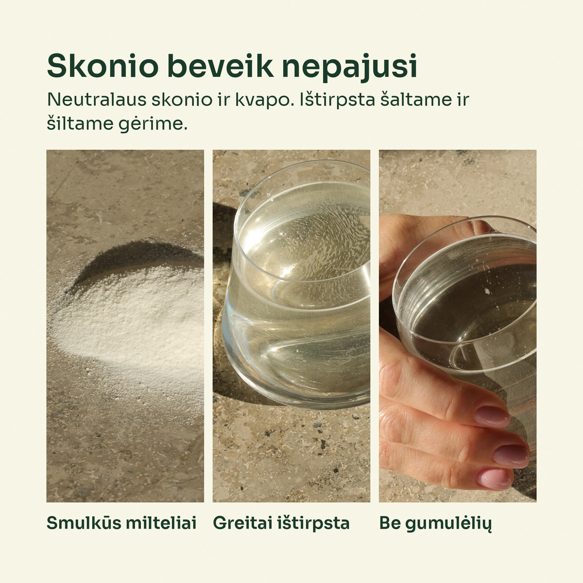 Kolageno milteliai ištirpsta vandenyje – neutralaus skonio ir kvapo