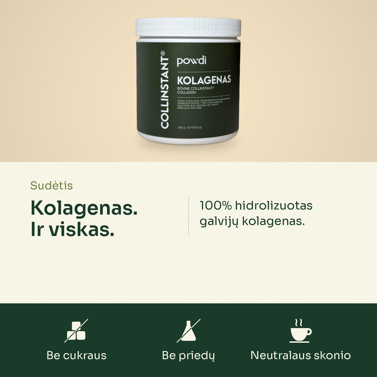 Gyvūninio kolageno sudėtis: 100% hidrolizuotas galvijų kolagenas