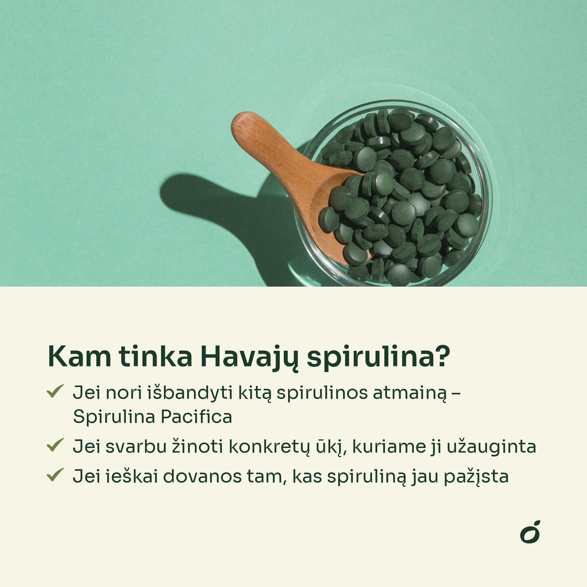 Havajų spirulinos tabletės dubenėlyje – kam tinka