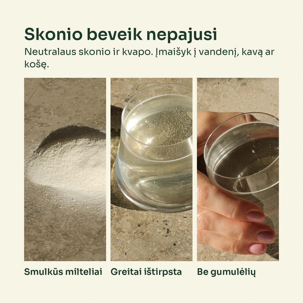 Jūrinio kolageno milteliai ištirpsta vandenyje – neutralaus skonio ir kvapo