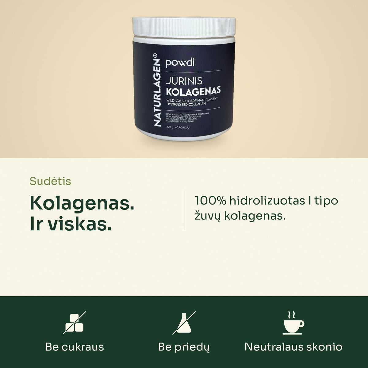 Jūrinio kolageno sudėtis: 100% hidrolizuotas I tipo žuvų kolagenas