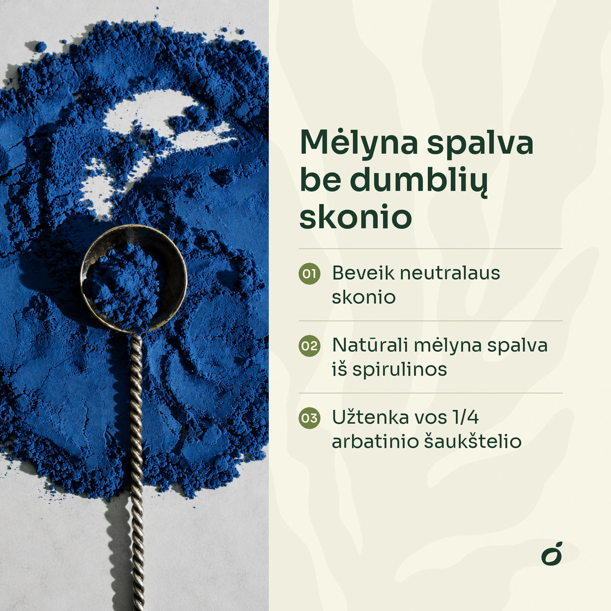 Mėlynosios spirulinos milteliai su šaukšteliu – mėlyna spalva be dumblių skonio