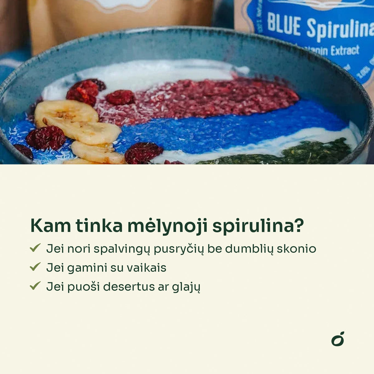 Spalvingas pusryčių dubenėlis su mėlynąja spirulina – kam tinka