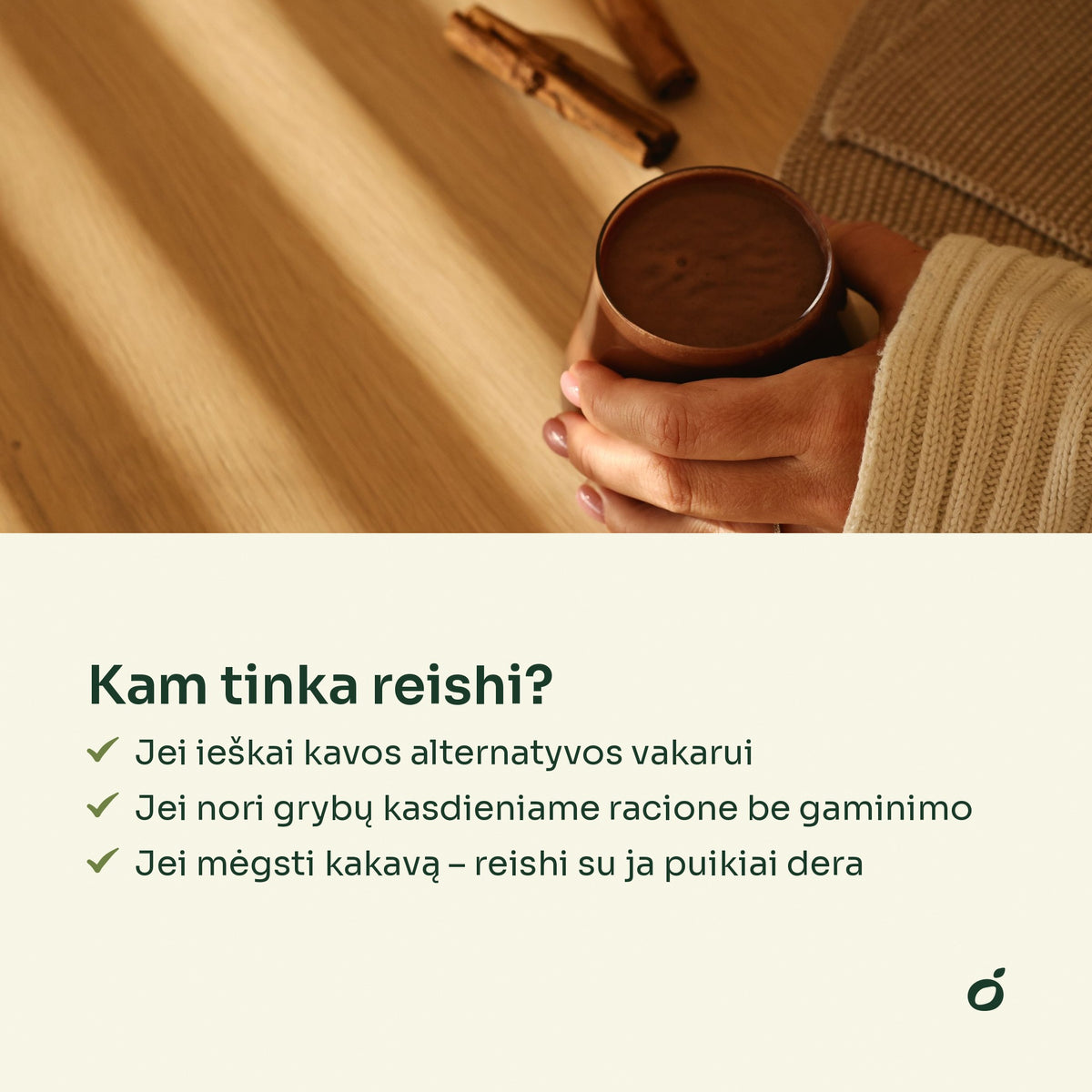 Šiltas kakavos gėrimas su reishi rankose – kam tinka reishi