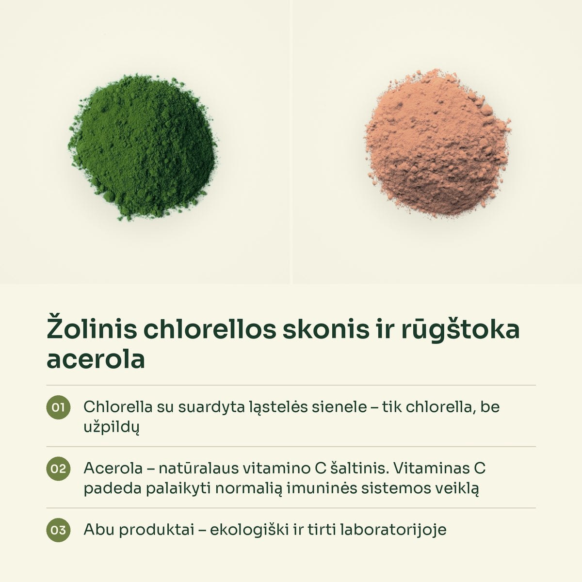 Chlorellos ir acerolos milteliai – žolinis chlorellos skonis ir rūgštoka acerola
