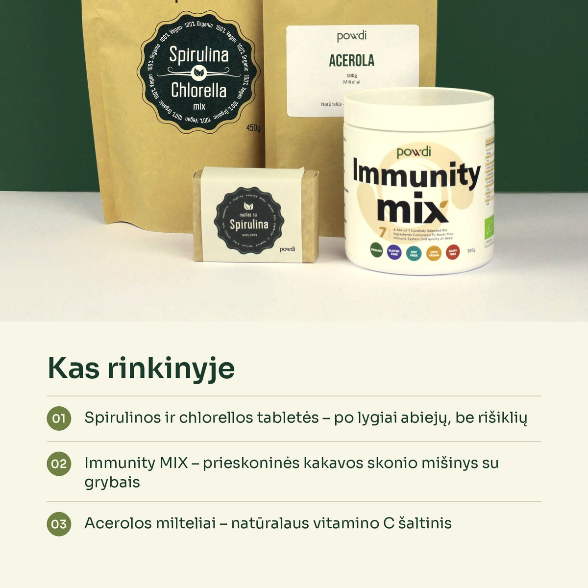 Rinkinio turinys: spirulinos ir chlorellos tabletės, Immunity MIX mišinys ir acerolos milteliai