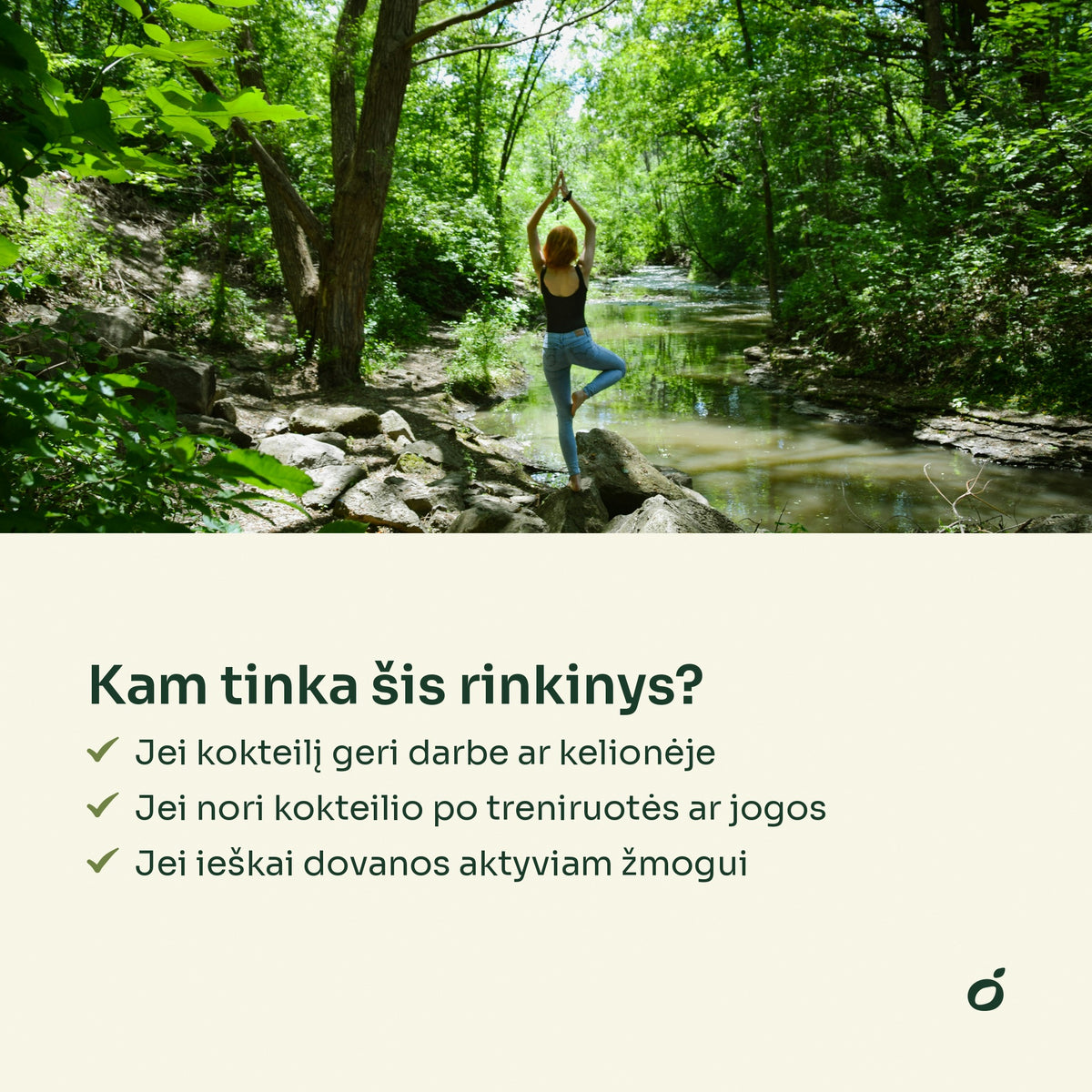 Moteris daro jogą prie upelio miške – kam tinka MIX ir plaktuvės rinkinys