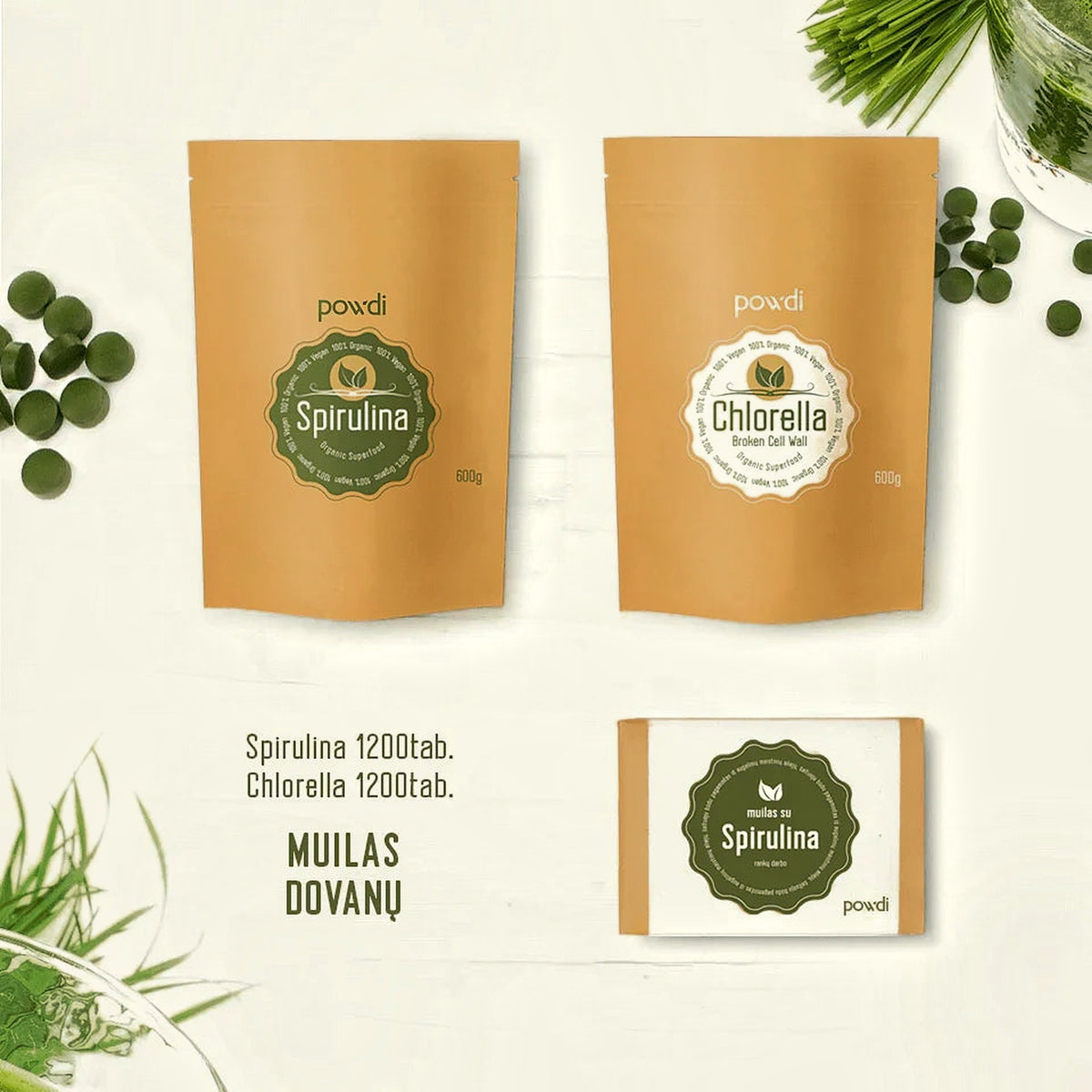 Populiariausias rinkinys: 1200 spirulinos tablečių, 1200 chlorellos tablečių ir muilas su spirulina dovanų