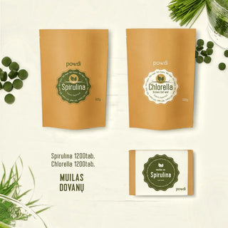Populiariausias rinkinys: 1200 spirulinos tablečių, 1200 chlorellos tablečių ir muilas su spirulina dovanų