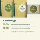 Kas rinkinyje: 1200 spirulinos tablečių, 1200 chlorellos tablečių ir rankų darbo muilas su spirulina
