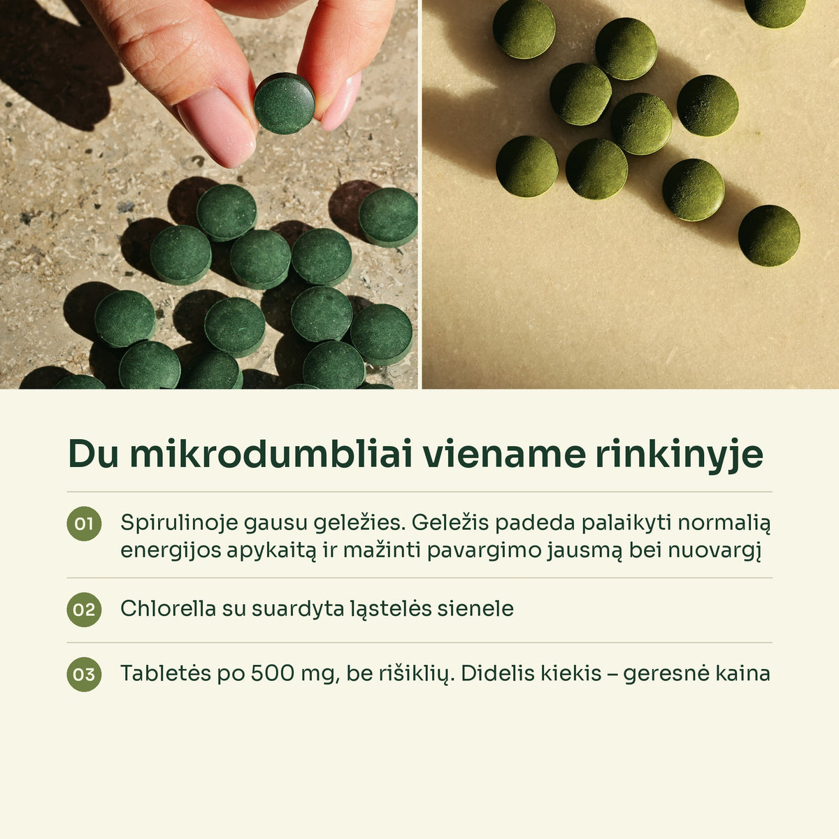Spirulinos ir chlorellos tabletės – du mikrodumbliai viename rinkinyje
