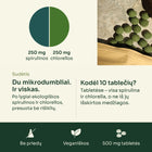 Vienoje 500 mg tabletėje – 250 mg spirulinos ir 250 mg chlorellos